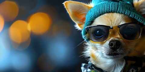 Chihuahua in hip hop outfit and sunglasses meant to stand out. Concept Dog Fashion, Hip Hop Style, Statement Accessories, Chihuahua Photoshoot, Trendy Pet Outfits