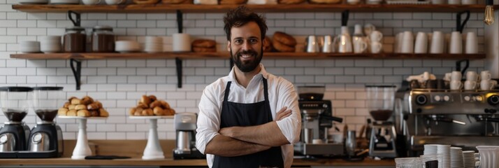 A confident male barista standing with crossed arms in front of a display of bread and coffee machines at a bakery cafe