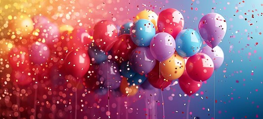 3D multi colored balloon vector illustration design with colorful confetti for party celebration
