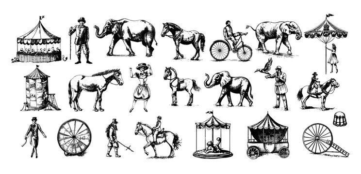 Circus ink sketch vector set. Men women tent elephant presenter showman tamer dancer carousel acrobat horse rider magician carriages poultry house characters, retro vintage illustration isolated on