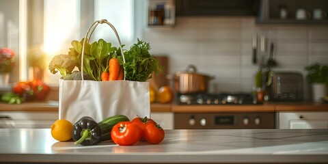 Colorful image of white shopper bag with fresh vegetables on kitchen table. Concept vegetables, shopper bag, kitchen, colorful, freshness - Powered by Adobe