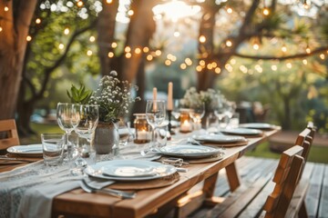 Sustainable Outdoor Dining Setup with Compostable Dinnerware and Organic Linen Tablecloths in Elegant Garden Setting