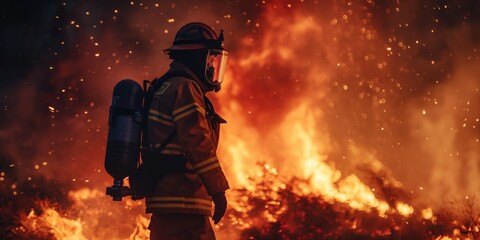 A firefighter with full gear stands bravely facing intense flames during a firefighting operation
