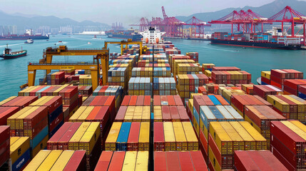 Aerial View of Cargo Ships at Port with Colorful Containers