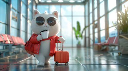 A cartoon white cat wearing sunglasses, carrying a suitcase nd a paper cup of coffee walking in an airport, banner