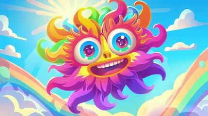 Fototapeta premium A happy colorful monster character floats in the sky with a rainbow background to provide a cheerful visual for children marketing and educational designs.