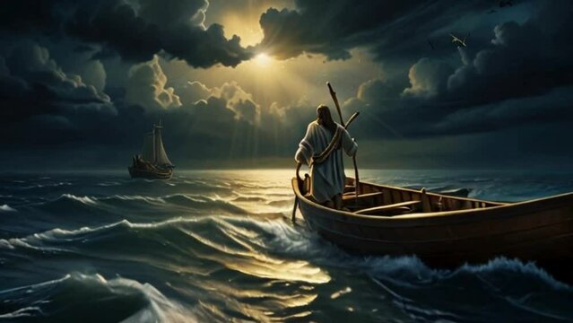 Jesus Calming the Storm in Boat - Peaceful Miracle Scene