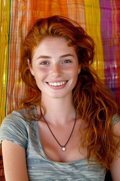 Beautiful and sensual redhead young woman smiling at the camera, posed against a vibrant colored background