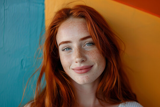 Beautiful and sensual redhead young woman smiling at the camera, posed against a vibrant colored background