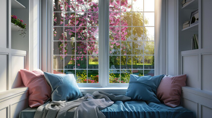 Cozy Window Seat with Pink and Blue Pillows and a View of Blooming Trees