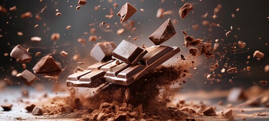  Levitating milk chocolate chunks isolated on white background. Flying Chocolate pieces, shavings...