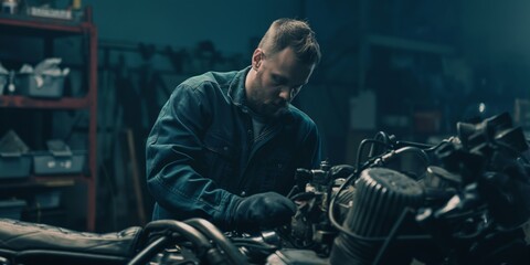 A mechanic works meticulously on a motorcycle engine in a well-equipped workshop