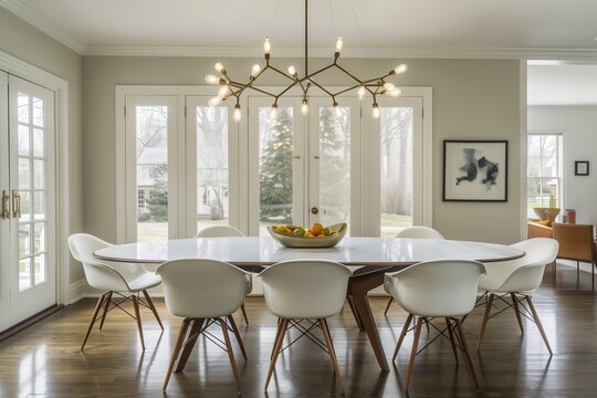 Bright and Airy Mid-Century Modern Dining Room with an Oval Table, Sculptural Chairs, and Statement Lighting Fixtures