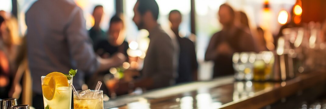 The image depicts a lively social scene in a bar with customers enjoying drinks and conversation