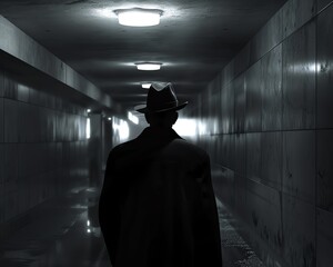 Silhouette of a mysterious figure in a hat walking down a dimly lit corridor, evoking a sense of intrigue and suspense in a noir setting.