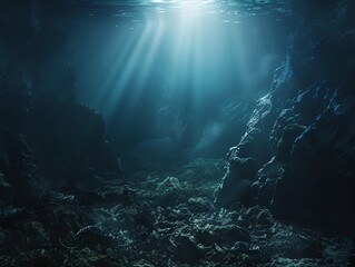Fototapeta premium Mystical underwater cave with sunlight piercing through the water creates a captivating and serene atmosphere, perfect for exploration.