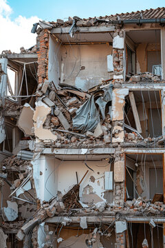 Destroyed building, conveying a scene of demolition or the aftermath of an earthquake, evoking a sense of destruction and chaos