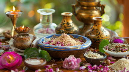 Fototapeta premium Beautifully Arranged Traditional Ayurvedic Ingredients for Holistic Wellness 
