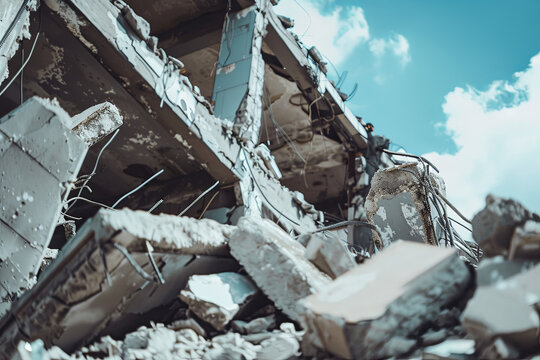 Destroyed building, conveying a scene of demolition or the aftermath of an earthquake, evoking a sense of destruction and chaos
