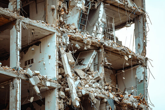 Destroyed building, conveying a scene of demolition or the aftermath of an earthquake, evoking a sense of destruction and chaos