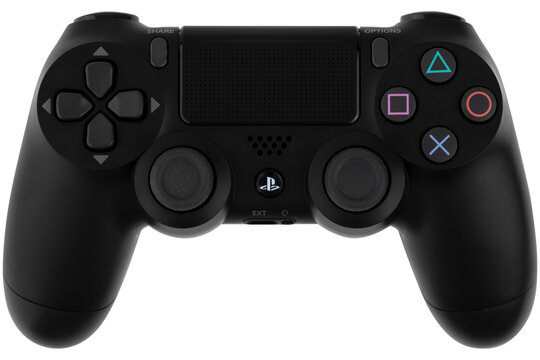 Shenzhen, China - April 2023. Joystick for Sony playstation 4 on a white background. Gamepad from Sony company close-up isolated on a white background.