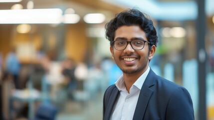 Obraz premium Confident Indian Businessman in Modern Office Environment - Professional Profile, Branding, Corporate Headshot
