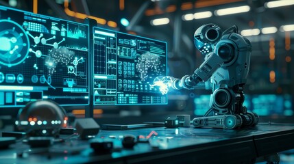 Fototapeta premium A futuristic robot operates complex data on multiple computer screens in a high-tech laboratory, illustrating advanced artificial intelligence.