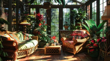 Tropical Bird Aviary in Sunroom with Exotic Plants - Lively Botanical Garden for Posters and Prints