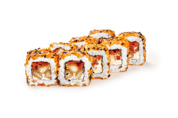 Chicken katsu sushi rolls with tobiko, cream cheese and tomatoes