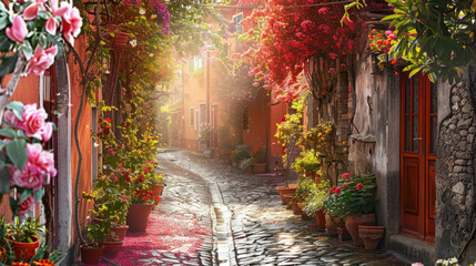 Sunlit Cobblestone Alleyway in European City with Blooming Flowers