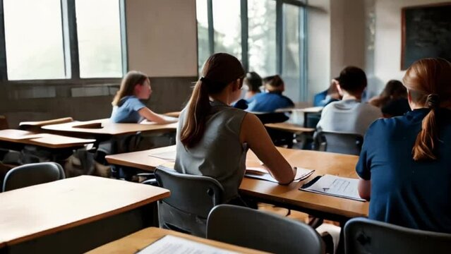 Students sitting at desks in a classroom, facing away from the camera