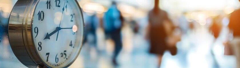 Blurred background of an airport terminal with a close-up of an analog clock showing time, emphasizing travel, transit, and punctuality.