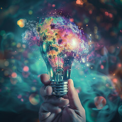 An abstract, colorful light bulb symbolizing creativity and innovation in a dreamlike cosmic setting.