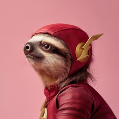 Portrait of cute sleepy sloth dressed in Flash costume, studio photo, minimalistic studio photography. the background is pink