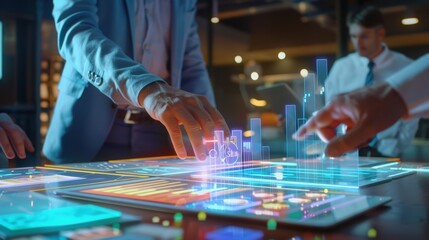 Business Meeting Utilizing Augmented Reality for Data Visualization with Floating Stats Above Tablet