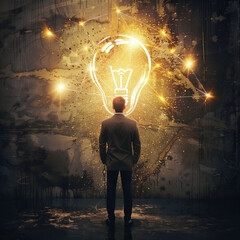 A man in a suit stands before a giant, glowing lightbulb, symbolizing a burst of inspiration and creativity in an abstract, surreal setting.