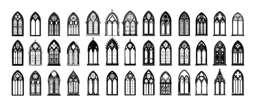 Gothic church window black silhouette vector set. Stained glass cathedral frame catholic medieval arch ancient european architecture opening traditional exterior element, icons isolated on white