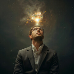 This image depicts a man looking upwards, a glowing, intricate light bulb above his head symbolizing a burst of creativity and the genesis of an idea.
