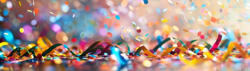 Colorful confetti and streamers creating a festive atmosphere with vibrant colors, perfect for celebrations and parties. Bright and joyful scene.