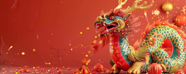 Colorful dragon sculpture with traditional Chinese elements and lanterns on a festive red background. Symbol of power and prosperity.