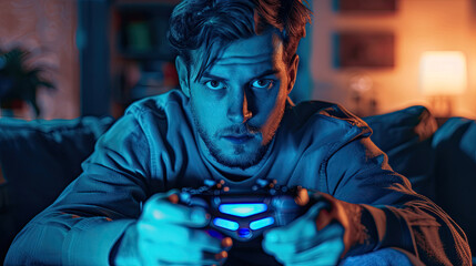 Fototapeta premium Focused Gamer Playing Video Games with Controller at Home