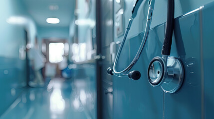 Stethoscope Hanging in Hospital Corridor with Blurred Medical Staff