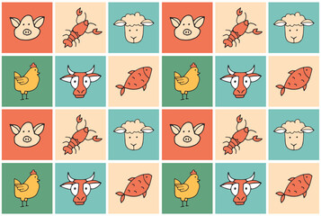 Omar. sheepmeat. pork. beef. steak. meat. juicy. tasty. the restaurant menu. the pattern. seamless pattern. seamless. Doodle. retro palette.