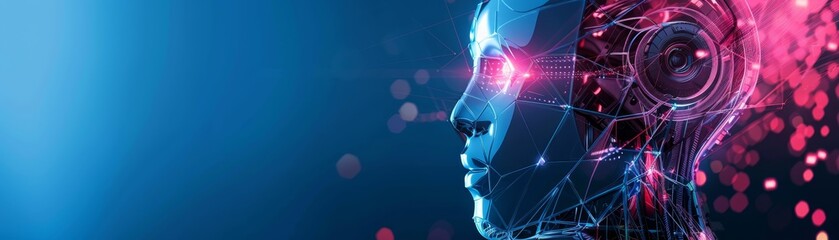 Futuristic AI concept with digital human and technology elements, emphasizing artificial intelligence and innovation in a vibrant digital space.