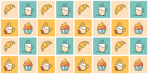 a croissant. cupcake. coffee. a cup of coffee. food. Yummy. the pattern. seamless pattern. seamless. sweets. sweet. tasty. bakery products. seed. fresh coffee. Doodle. retro palette.