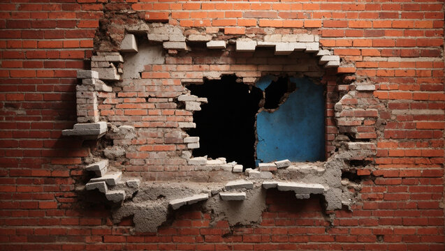 This is a photo of a hole in a brick wall. The hole is dark and you can't see what's on the other side. 

