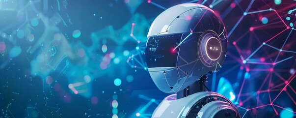 Futuristic robot with neon lights and digital network background, representing artificial intelligence and innovation in technology.