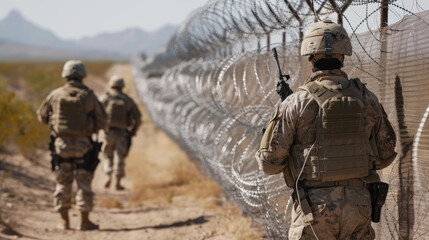 Soldiers Patrol Border Fence with Barbed Wire