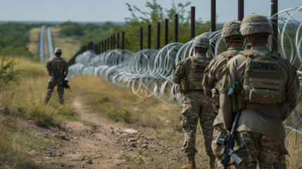 Naklejka premium Soldiers Patrol Border Fence with Barbed Wire