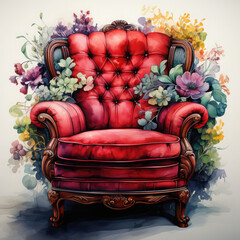 Watercolor Vintage Armchair With Red Illustration, Generative Ai